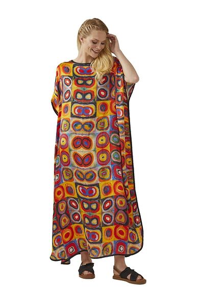 Deriderim Squares with Circles Print Unlined Summer Satin Women's Silk Dress