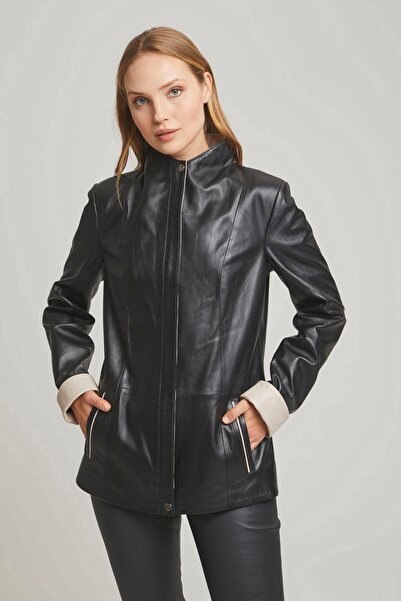 Deriderim Black Lauretta Zippered Beige Garnished Prevailing Collar Wide Cut Lined Women's Genuine Leather Coat