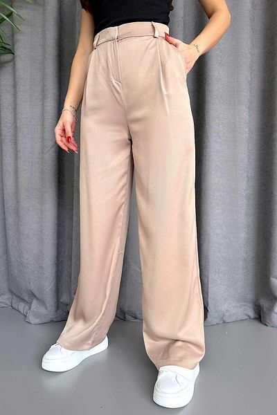 Mine Tan Butik High Waist Double Leg Satin Trousers - Beige