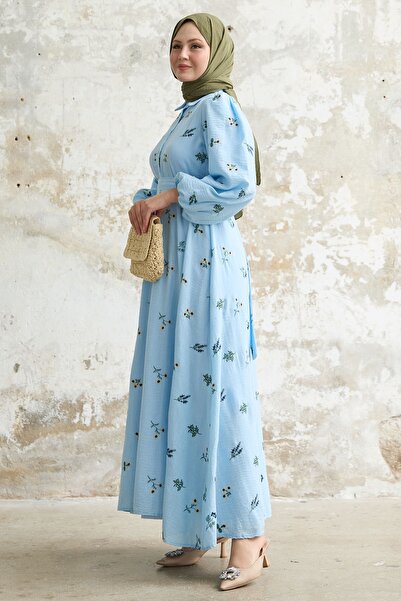 InStyle Κέντημα Λεπτομερές πουκάμισο γιακά μπλε φόρεμα