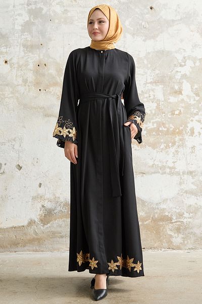 InStyle Black Ferace - Flower Sequin Detailed