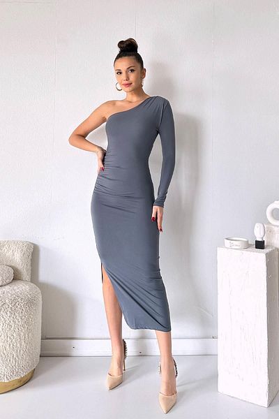 Mine Tan Butik Μονόμανικο One Shoulder Modal Υφασμάτινο Φόρεμα - Γκρι
