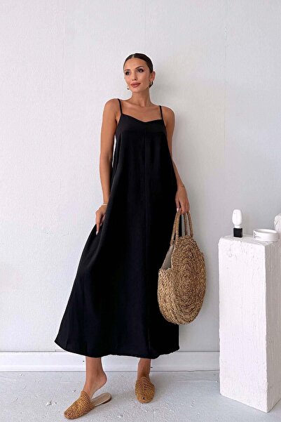 3MMM TEKSTİL Μαύρο μακρύ φόρεμα με λαιμόκοψη σε σχήμα V - 5 χρώματα με λεπτές...