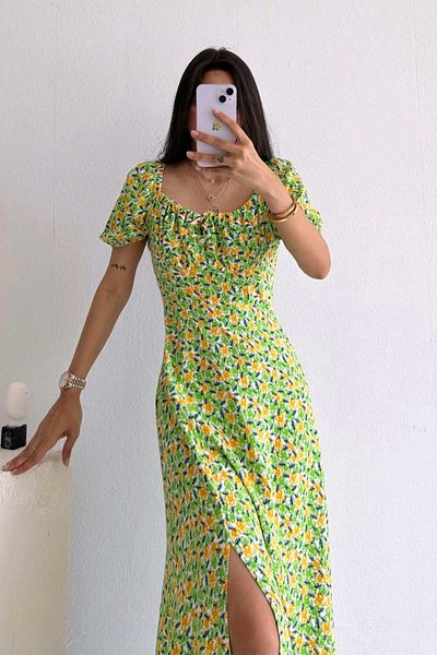Mine Tan Butik Γυναικείο κοντομάνικο φόρεμα πράσινο γιακά Carmen με φλοράλ στάμπα