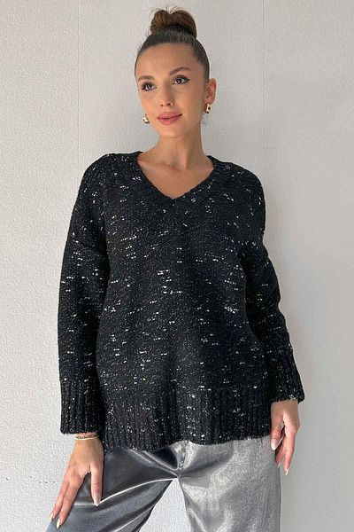 Mine Tan Butik Pulover imprimat cu sclipici cu decolteu în V - negru