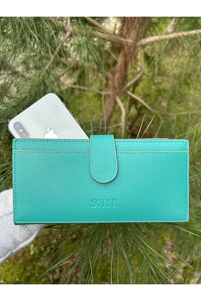 SANLINE Turquoise Sanlıne Genuine Leather Women's Wallet - Hand Portfolio with Phone Compartment
