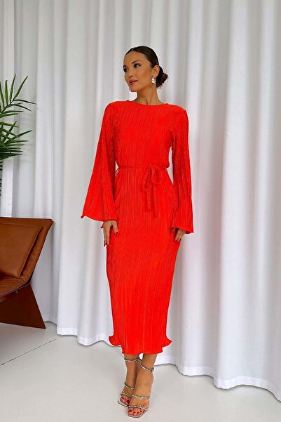 Mine Tan Butik Помаранчева плісирована жіноча сукня з довгим рукавом