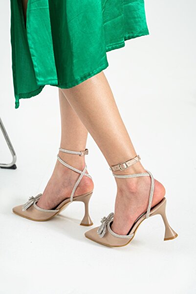 DUXAL SHOES Ten Renk Saten Bilekten Bağlamalı Taşlı Fiyonklu Topuklu Kadın Ayakkabı