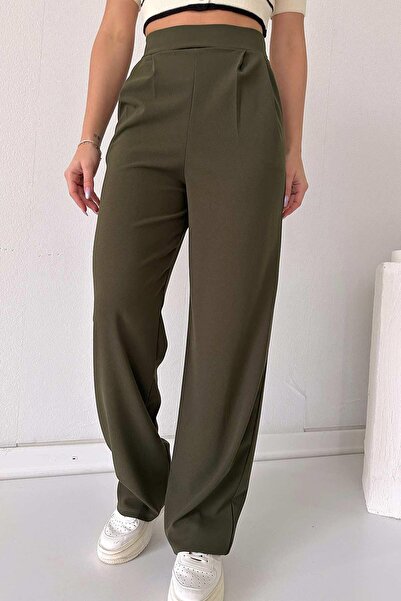 Mine Tan Butik Παντελόνι Collet Detail Palazzo Leg Lycra - Χακί