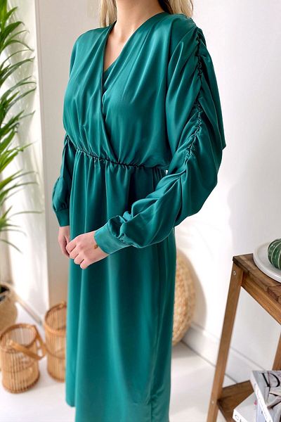 Mine Tan Butik Long Sleeve Satin Women's Dress with Gathered Waist Detail - Green