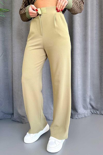 Mine Tan Butik Velcro Detail Palazzo Women's Trousers - Green