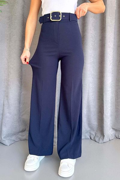 Mine Tan Butik Wide Leg Belted Trousers - Navy Blue
