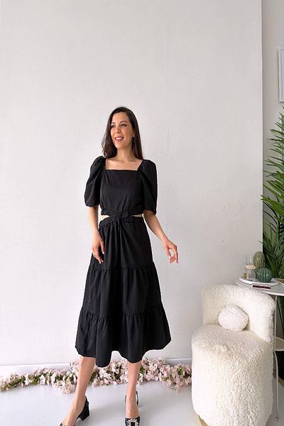 Mine Tan Butik Rochie decoltata cu mânecă trei sferturi - neagră