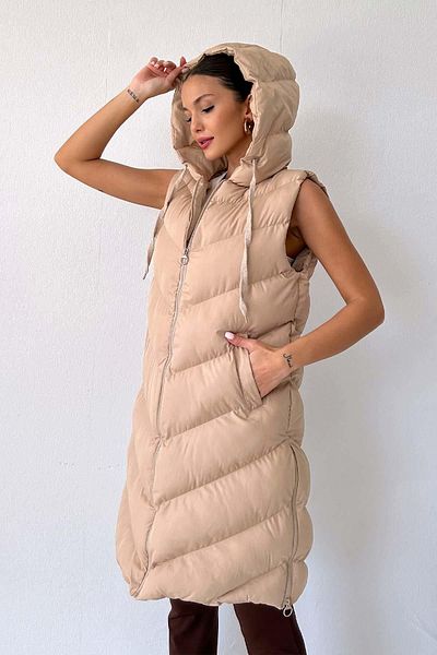 Mine Tan Butik Vestă cu glugă cu glugă fără mâneci pentru femei - bej