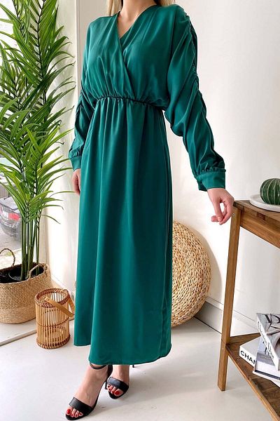 Mine Tan Butik Long Sleeve Satin Women's Dress with Gathered Waist Detail - Green