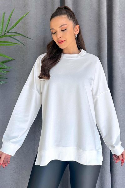 Mine Tan Butik Hanorac de bază cu umăr jos pentru damă - alb