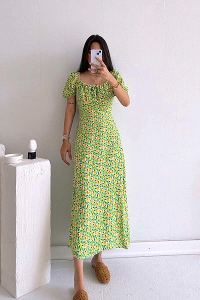 Mine Tan Butik Γυναικείο κοντομάνικο φόρεμα πράσινο γιακά Carmen με φλοράλ στάμπα