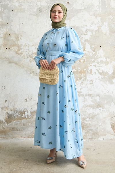 InStyle Rochie albastră cu guler cămașă cu detaliu broderie