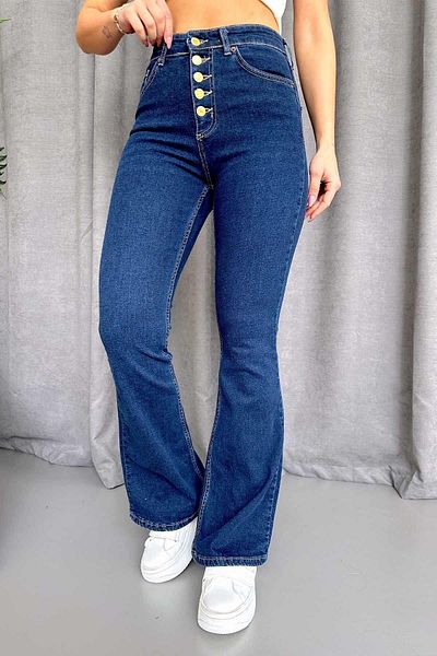 Mine Tan Butik High Waist Button Detailed Women's Spanish Leg Jeans - Blue