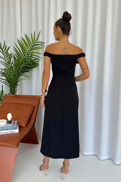 Mine Tan Butik Kolsuz Bağlama Detaylı Kadın Elbise  - Lacivert