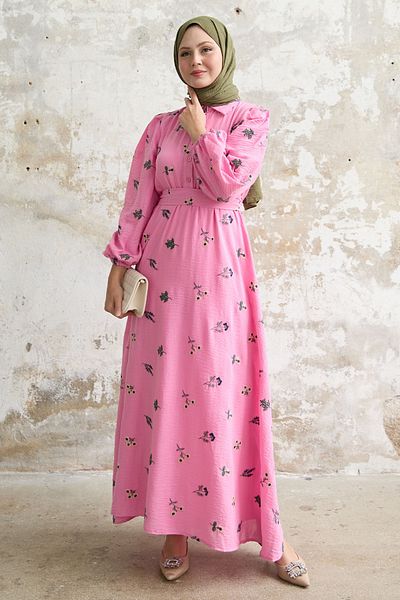 InStyle Φούξια κεντημένο πουκάμισο γιακά φόρεμα