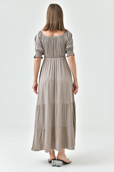 bayansepeti Madonna Collar Mink Cotton Maxi Dress - Rope Belt, Cotton Design 6298