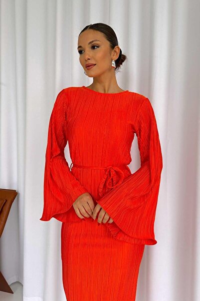 Mine Tan Butik Помаранчева плісирована жіноча сукня з довгим рукавом