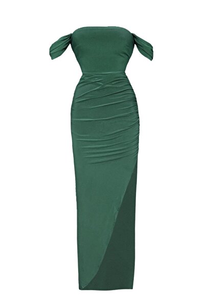 Whenever Company Zümrüt Yeşili Kolları Degaje Drapeli Yandan Yırtmaçlı Uzun A...