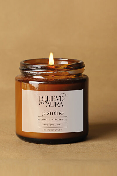 Believe Your Aura Yasemin Kokulu Mum - %100 Doğal Soya Mumu Amber Kavanoz Aromaterapi Mum - 100 cc