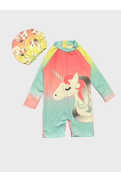 ALİŞ KİDS Girl's Unicorn Patterned Pink Long Sleeve Boned Protected Swimsuit