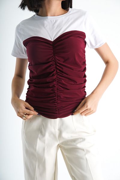 Moda Değirmeni Tricou cu decolteu alb-rosu Claret pentru femei - Drapat, BG1193-314-0001