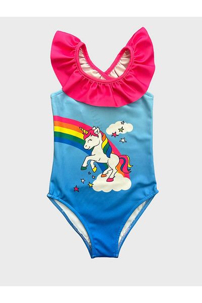 ALİŞ KİDS Costum de baie pentru fete cu model unicorn albastru cu bretele încrucișate cu volane