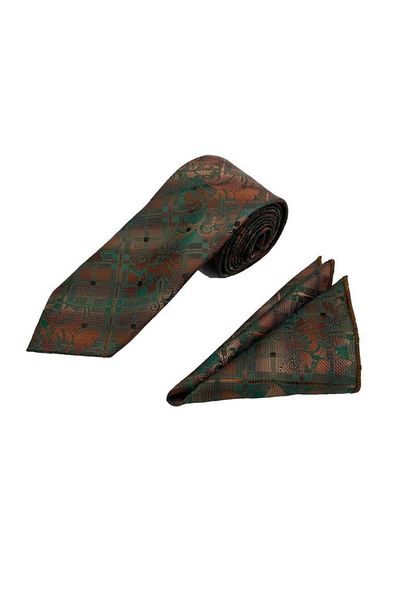 Brianze Green Coffee Motif Patterned Tie and Handkerchief Set