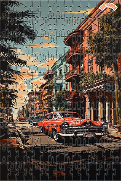 Teona Ahşap Klasik Araba ile Küba Sokakları Çift Katlı Çerçeveli Asılabilir A...