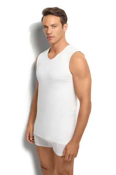 MYS GRUP TEKSTİL Jiber Men's V-neck White Cotton Undershirt - 123