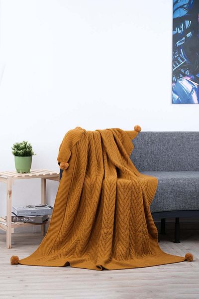 DOUX HOME Leyla Knitwear TV Blanket - 4 Pompom Mustard