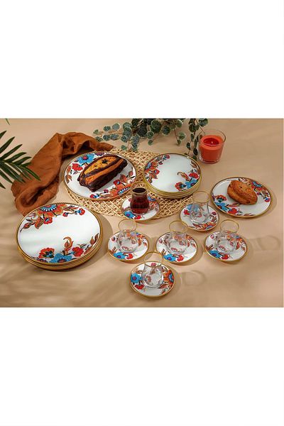 B&M 24 Piece White Floral Patterned Round Breakfast Set