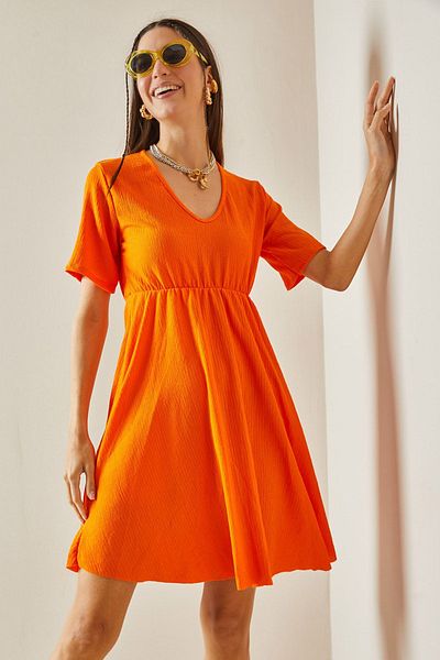 XHAN Oranges Volantkleid mit V-Ausschnitt - 5YXK6-48613-11