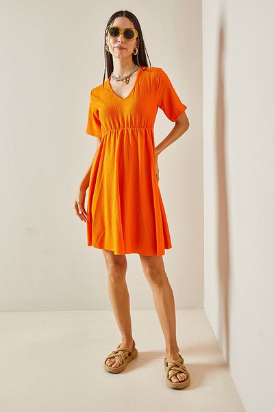 XHAN Oranges Volantkleid mit V-Ausschnitt - 5YXK6-48613-11