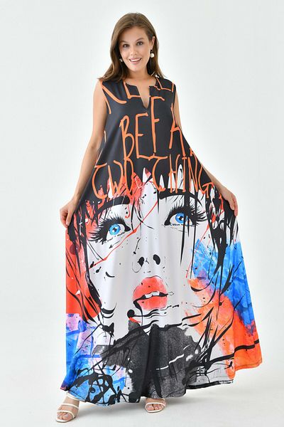 lovebox Übergroßes Maxikleid mit Digitaldruck – Taschendetails, ärmellos 10032