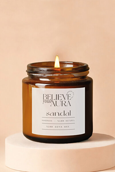 Believe Your Aura Sandal Ağacı Kokulu Mum - %100 Doğal Soya Mumu Amber Kavanoz Aromaterapi Mum - 100 cc