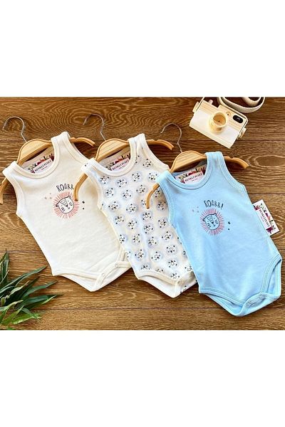 Renkli Puset 3-Piece Organic Cotton Combed Newborn Baby Strappy Bodysuit Set Blue Aslan