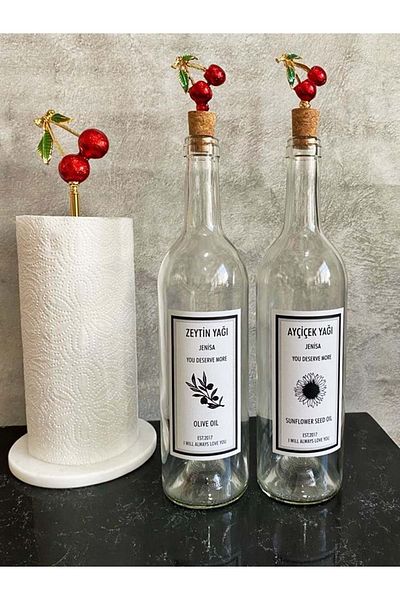 Jenisa Transparent 750 Ml Glass Cherry Cork Stopper Label Oil Pot Marble Towel Holder Set with Cherry Accessories