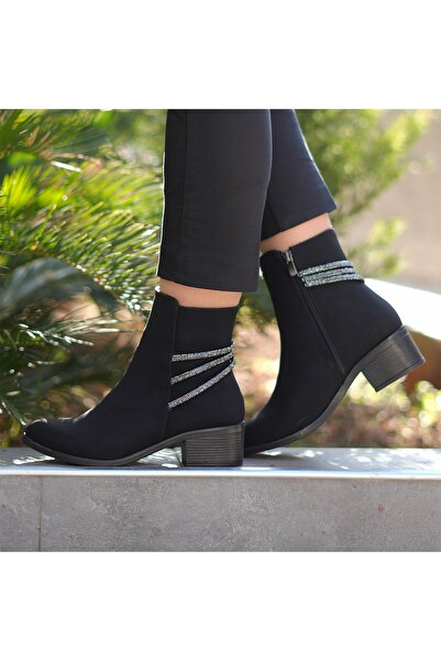 GULA Γυναικείες μπότες Nubuck με κοντό τακούνι και λεπτομέρεια από πέτρα, σε ...