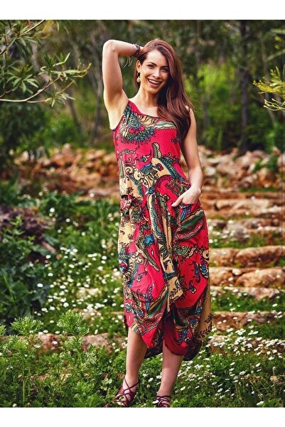 Bohemian Ethnic Patterned Asymmetric Cut Red Dress