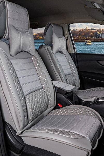 PlusOto مجموعة أغطية مقاعد السيارة المصنوعة من الجلد الرمادي المتوافقة مع Pro...