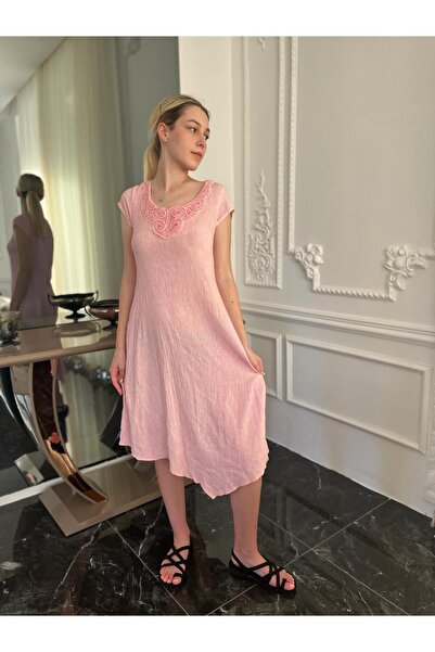 Bohemian Women's Pink Asymmetrical Cut Flared Dress