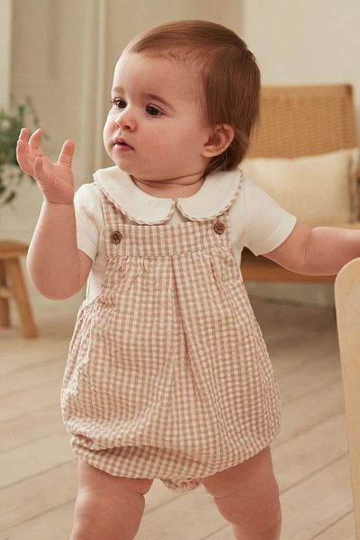 Next Baby Smart Shirt Body and Bodysuit Salopet Set - Cotton Cream Gingham