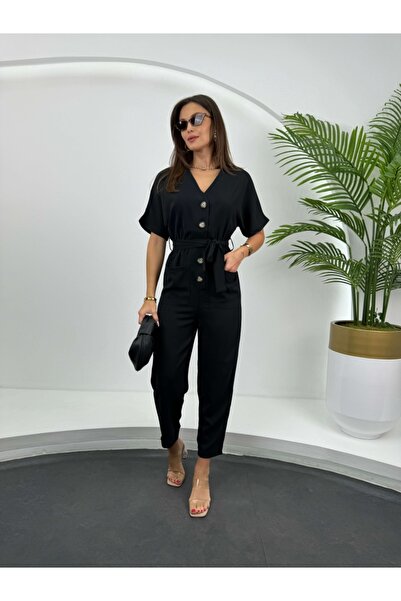 Elif Özbey Butik Siyah İki Cepli Düğmeli Tulum