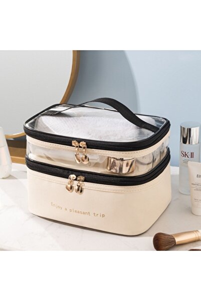 DEKOHOP Makyaj Malzeme Çantası Çift Bölmeli Seyahat Bakım Organizer Kozmetik ...